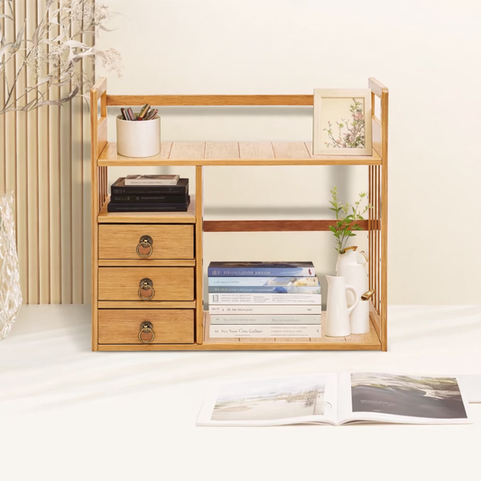 Bamboo Desktop Bookshelf – Adjustable Shelf with Drawers