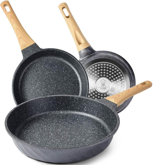 Nonstick Frying Pan Set – 8", 9.5", 11" Granite Skillets for Cooking, Induction Compatible, Heat-Resistant Handles, Easy Clean Omelet Pans