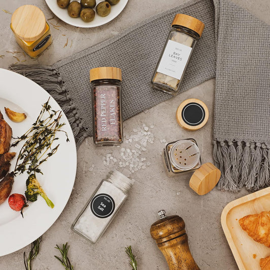 24 Pack 4oz Glass Spice Jars with Bamboo Lids and Labels – Farmhouse Style Seasoning Organizer Set with Shaker Tops and Funnel for Pantry, Drawer, or Rack