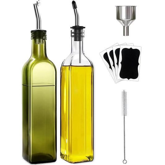 Glass Olive Oil Dispenser Bottle – Single or 2-Pack (Clear or Green) 17oz Bottles with Pour Spouts, Funnel, Labels & Brush – Leakproof Oil & Vinegar Bottle for Kitchen Use