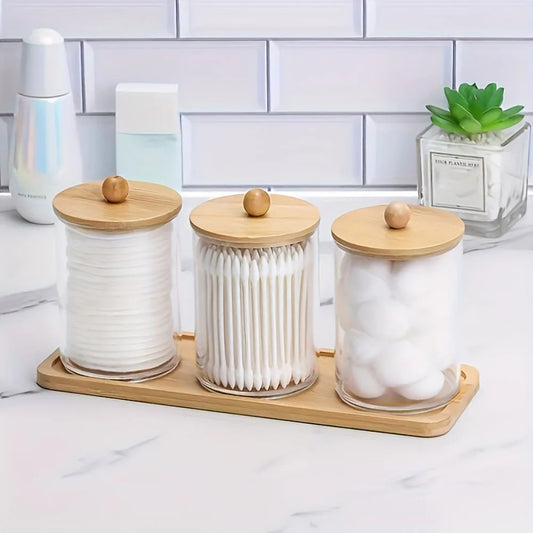 4-Piece Clear Bathroom Organizer Set – 3 Acrylic Apothecary Jars with Bamboo Lids & 1 Bamboo Tray for Cotton Swabs, Balls & Pads