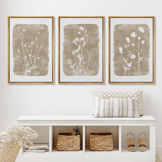 Simple Rustic Botanical Floral Vintage Wildflower Pictures Framed on Canvas 3 Pieces Print Wall Art