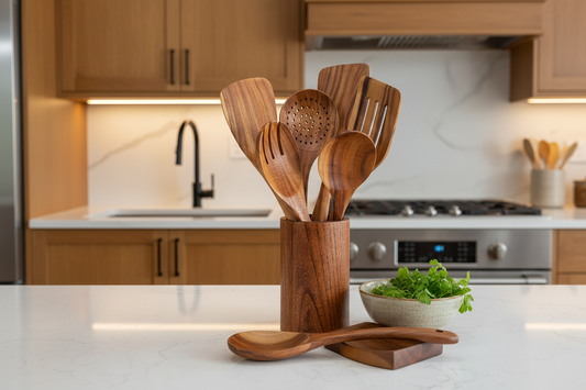 Wooden Kitchen Utensil Set in Warm Modern Kitchen